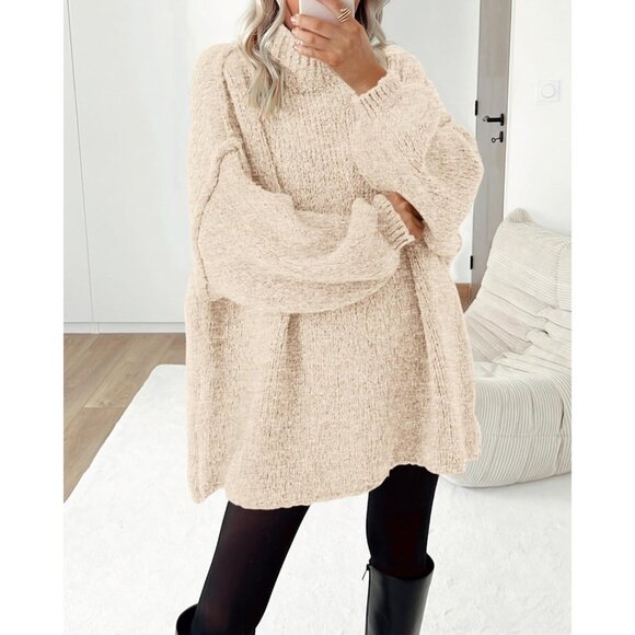 Women’s Oversized Knitted Sweater Long Sleeve Mock Neck Fall Winter Top - Picture 3 of 7